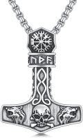 wholesale 925 Sterling Silver Viking Thor's Hammer Mjolnir Pendant Necklace with Wolf Heads and Skull Design for Men & Women-0-0