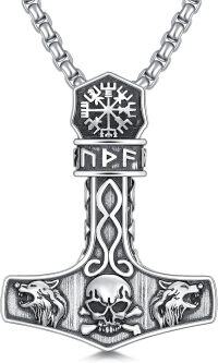 wholesale 925 Sterling Silver Viking Thor's Hammer Mjolnir Pendant Necklace with Wolf Heads and Skull Design for Men & Women-Style 1