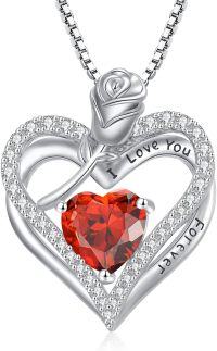 wholesale 925 Sterling Silver 12 Birthstone Double Heart Rose Necklace for Her-7-Jul-Ruby