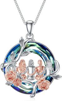 wholesale 925 Sterling Silver Rainbow Crystal Rose Flower Sisters Circle Pendant Necklace-A-Sister Necklace for 5-Blue