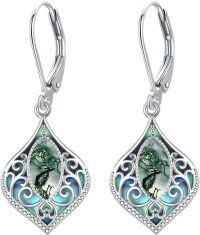 wholesale 925 Sterling Silver Green Abalone Shell Filigree Teardrop Dangle Earrings-Moss Agate