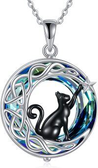 wholesale 925 Sterling Silver Abalone Black Cat Moon Pendant Necklace for Women-Black Cat Blue Crystal