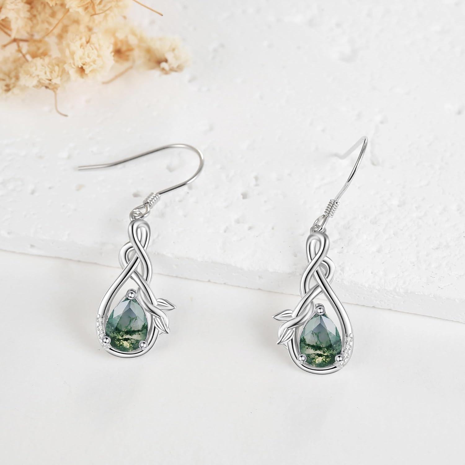 wholesale 925 Sterling Silver Moss Agate Palm Tree Leaf Drop Earring-0-1