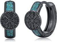 wholesale 925 Sterling Silver Blackened Hoop Earrings with Turquoise and Vegvisir Design-C001-Viking Compass