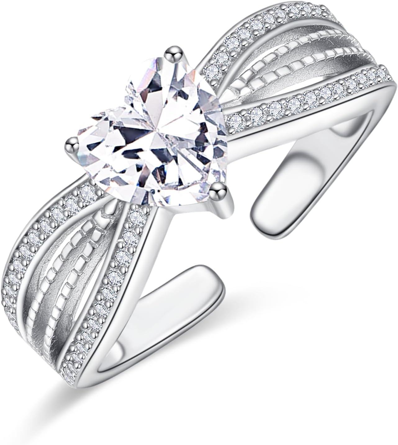 Sterling Silver CZ Heart Rings Adjustable Birthstone Jewelry Gift for Women Mom-April Birthstone