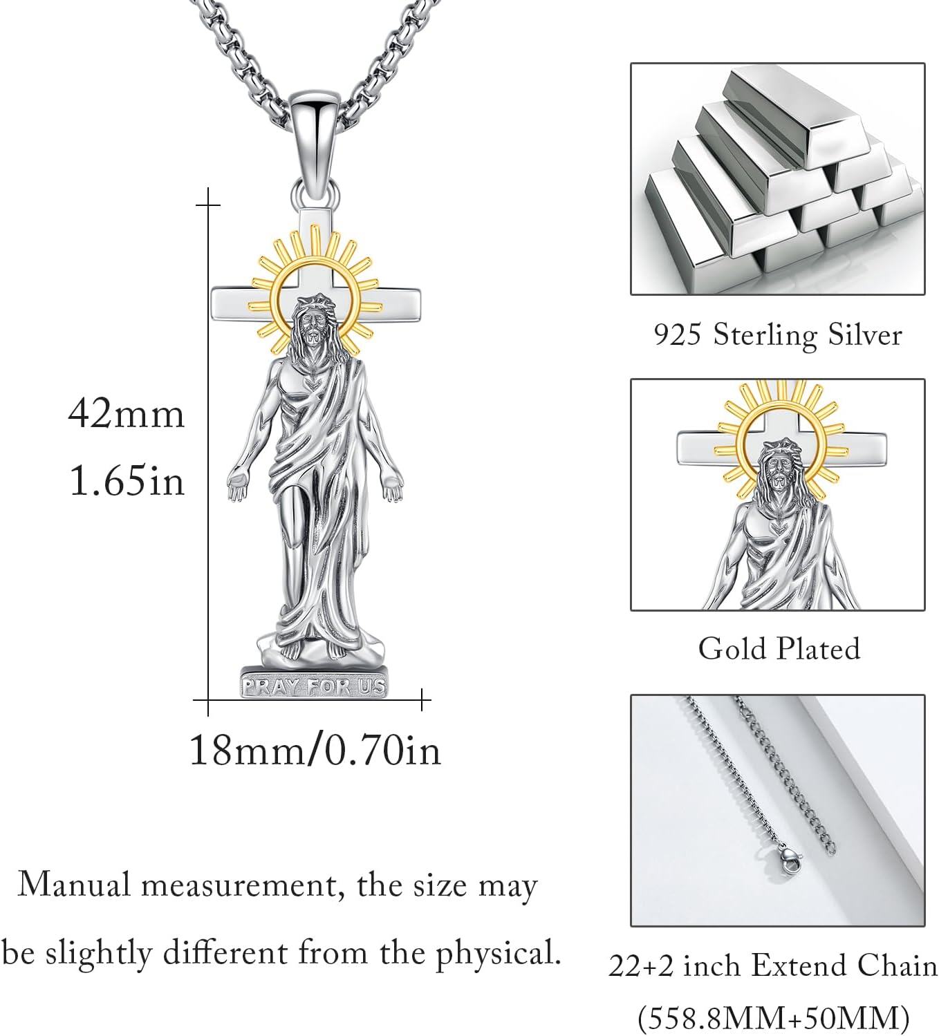 925 Sterling Silver Jesus Christ Cross Pendant with Halo and Stone Protection Necklace for Men & Women-0-3