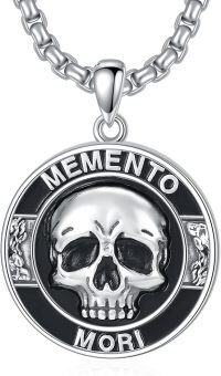 wholesale 925 Sterling Silver & Black Enamel Gothic Skull Memento Mori Pendant Necklace for Men/Women-Silver