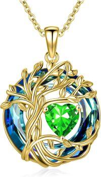 wholesale White Gold Yellow Gold Plated Sterling Silver Austrian Crystal Celtic Tree of Life Necklace-05-May-Emerald 18K Gold-Blue Crystal