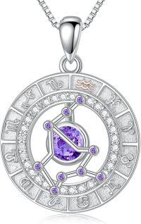 wholesale Sterling Silver White Gold Plated Zodiac Necklace with Birthstone for Women-Aquarius&Amethyst&01.20-02.18