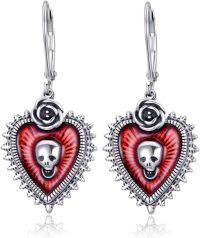 wholesale 925 Sterling Silver Red Enamel Heart Skull Rose Gothic Drop Earrings-Skull