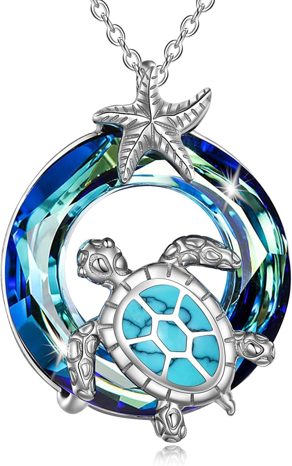 Sterling Silver Crystal Turtle Necklace for Women-Blue-Turquoise Turtle