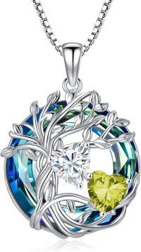 wholesale 18K White Gold Filled Sterling Silver Family Tree Pendant with 2 Heart Birthstones Blue Austrian Crystal Necklace for Women-04-08-Apr-Aug Birthstone