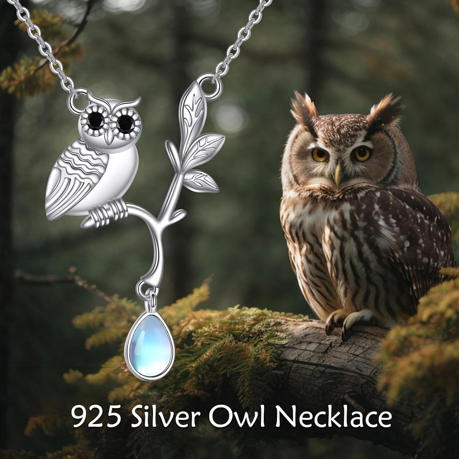 925 Sterling Silver Owl Teardrop Pendant Necklace with Moonstone and Branch Charm-0-5