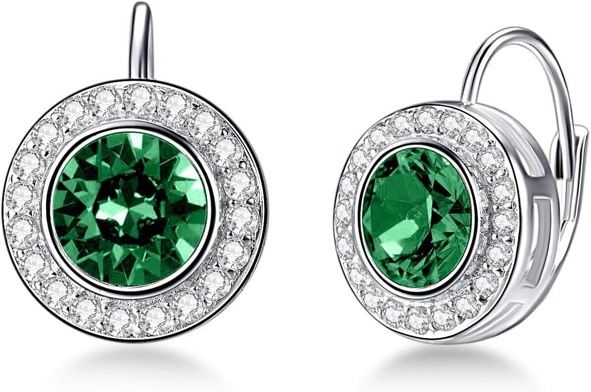 Sterling Silver Austria Crystal Halo Leverback Earrings Birthday Gifts for Women-Emerald Green