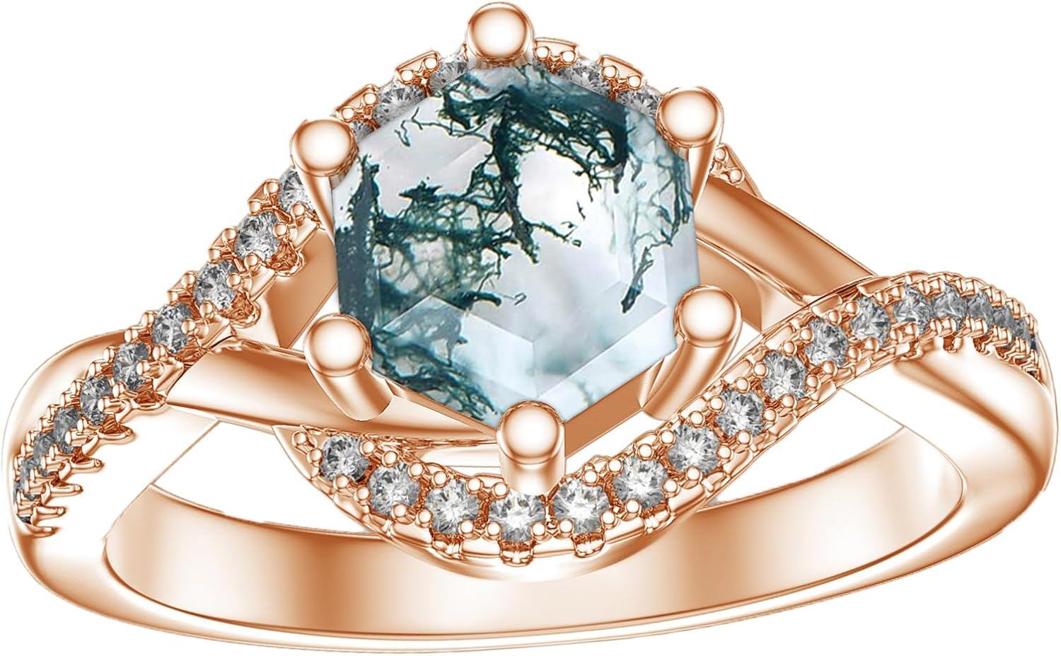 925 Sterling Silver Moss Agate  Engagement Ring for Women-0-3