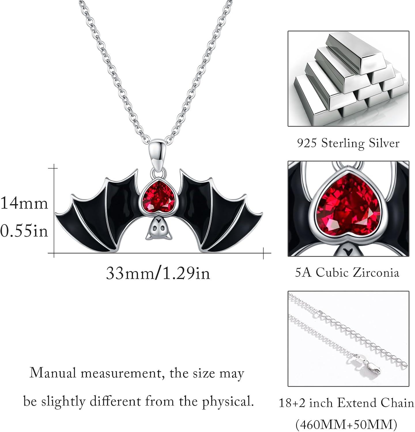 Sterling Silver Bat Necklace Gothic Jewelry for Women Men Halloween Birthday-0-2