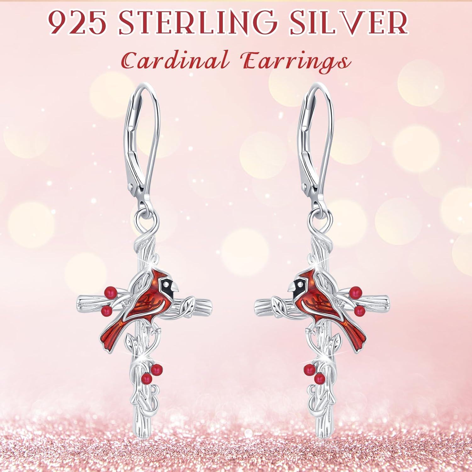 Sterling Silver Red Cardinal Cross Earrings Hypoallergenic Memorial Gift-0-6