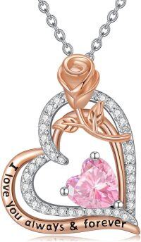 wholesale 925 Sterling Silver Rose Birthstone Necklace Heart Pendant Jewelry Gift for Women-10-October