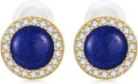 wholesale Gold-Plated 925 Sterling Silver Blue Stone Stud Earrings with Cubic Zirconias and White Pearl Backs-Blue Lapis Lazuli