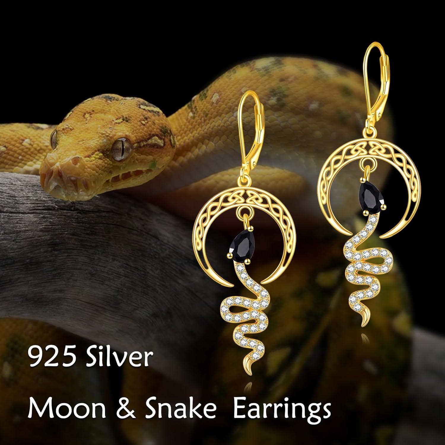 wholesale Gold 925 Sterling Silver Snake Moonstone Dangle Drop Earring Set for Women Gifts 23x48mm-0-3