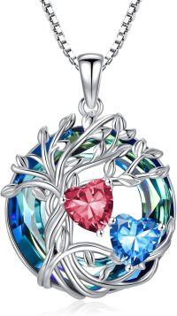 wholesale 18K White Gold Filled Sterling Silver Family Tree Pendant with 2 Heart Birthstones Blue Austrian Crystal Necklace for Women-07-12-Jul-Dec Birthstone