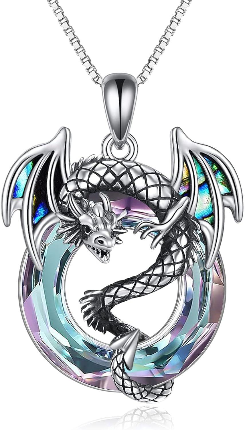 Sterling Silver Crystal Dragon Necklace Jewelry-Style 1-Purple