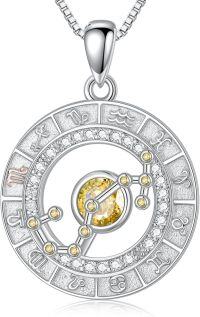 wholesale Sterling Silver White Gold Plated Zodiac Necklace with Birthstone for Women-Scorpio&Citrine&10.23-11.21