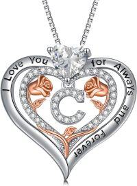 wholesale 925 Sterling Silver Rose Pendant Necklace A Z Initial Letter Heart Jewelry for Women Valentine Mother s Day Birthday Gifts for Her-Letter C