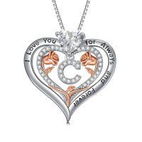 wholesale 925 Sterling Silver Rose Pendant Necklace A Z Initial Letter Heart Jewelry for Women Valentine Mother s Day Birthday Gifts for Her-Letter C