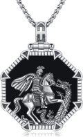 wholesale 925 Sterling Silver St George Dragon Slayer Shield Shape Black Onyx Pendant Necklace  for Men Women Gifts Jewelry Accessories 46cm Chain Length-0-0