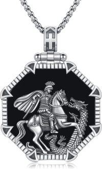 wholesale 925 Sterling Silver St George Dragon Slayer Shield Shape Black Onyx Pendant Necklace  for Men Women Gifts Jewelry Accessories 46cm Chain Length-J-01 St George