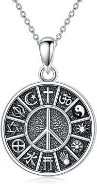 wholesale 925 Sterling Silver Round Pendant with Symbols and Peace Sign Charm Necklace for Women & Men-Peace Sign-2
