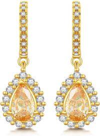 wholesale Gold 925 Sterling Silver Teardrop Cubic Zirconia & Orange Stone Halo Huggie Hoop Earrings for Women-Teardrop Topaz Huggie Hoop Earrings