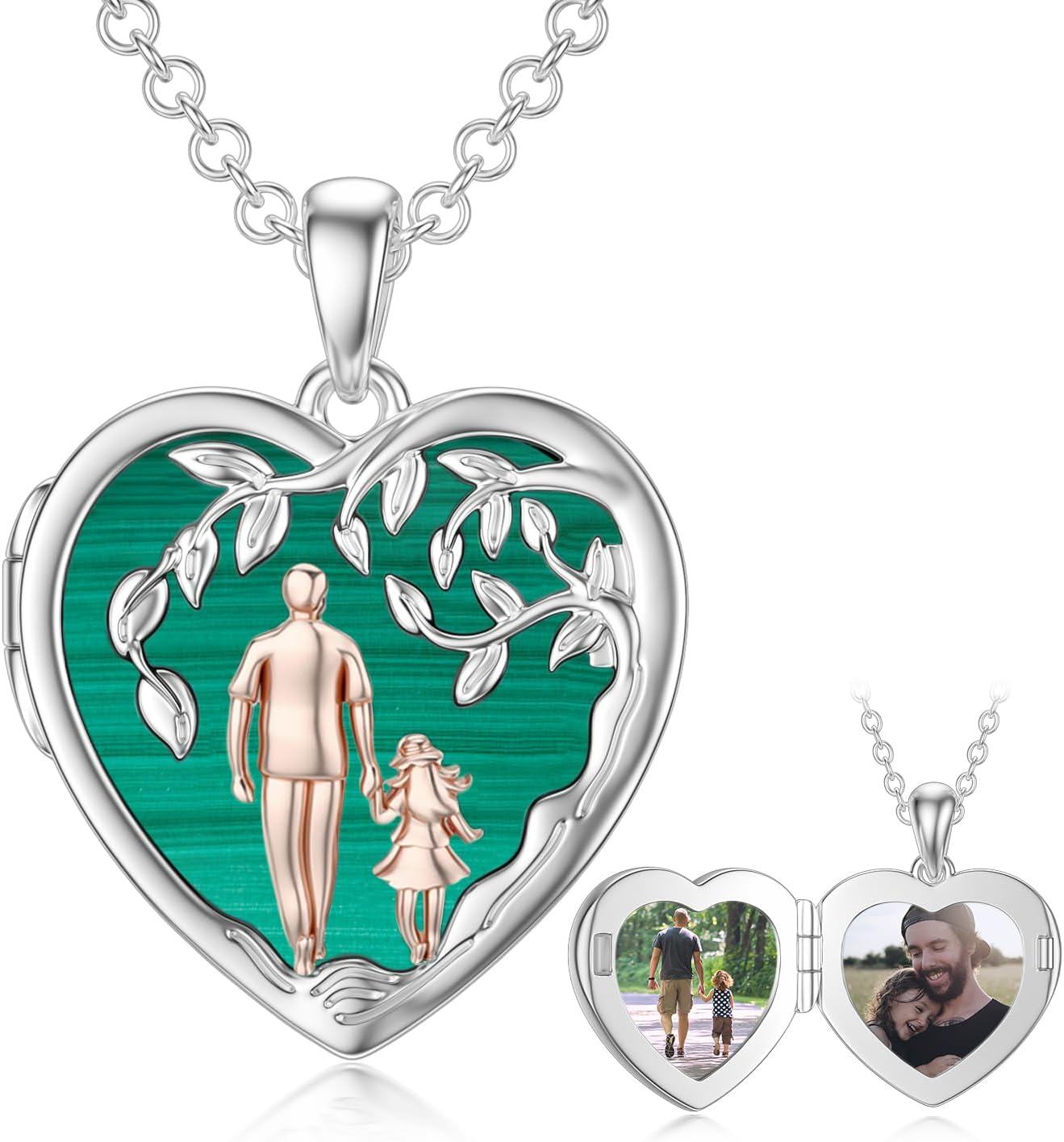 Sterling Silver Abalone Shell Daughter Locket Necklace Gift from Mom Dad-02-03-Father Daughter Locket-Malachite+ Photo