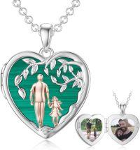 wholesale 925 Sterling Silver Heart Locket Necklace Wholesale Father Daughter Walk Together Photo Frame-02-03-Father Daughter Locket-Malachite+ Photo