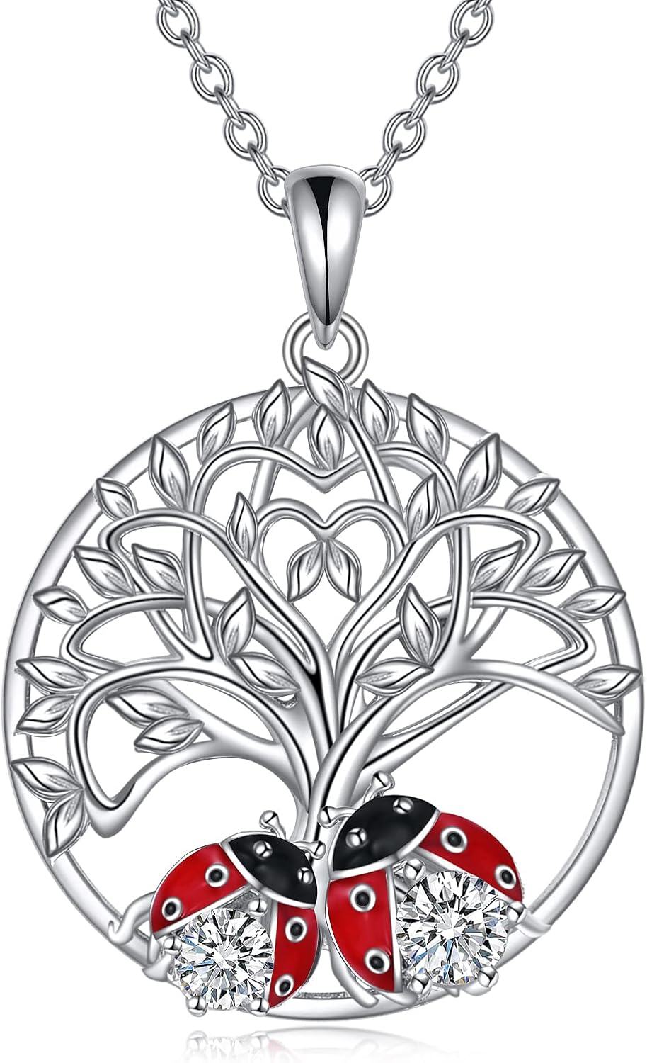 Sterling Silver Ladybug Necklace with Stone for Women Mother Daughter Gifts-tree of life