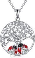 wholesale 925 Sterling Silver Tree of Life Pendant Necklace with Red Black Enamel Ladybugs and Cubic Zirconia Stones for Women & Girls Mothers Day Gift-0-0