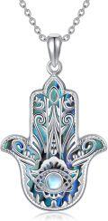 wholesale 925 Sterling Silver Hamsa Evil Eye Pendant with Abalone Shell and Moonstone for Women Men  48mm Length Chain-0-0