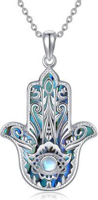 wholesale 925 Sterling Silver Hamsa Evil Eye Pendant with Abalone Shell and Moonstone for Women Men  48mm Length Chain-Hamsa Necklace