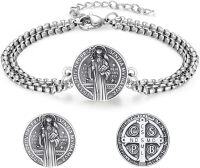 wholesale 925 Sterling Silver Catholic Saint Medal Protection Bracelet  for Men Women -10A-St Benedict (Silver)