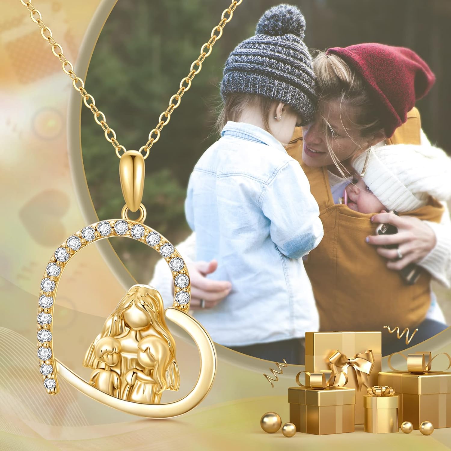 wholesale 14K Gold Moissanite Heart Pendant Necklace with Angel and Child Design for Women Wife Mother Daughter-0-3