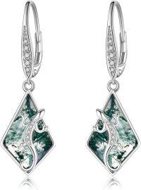 wholesale 925 Sterling Silver Green Agate Triangle Drop Earring with Cubic Zirconia Accents - 3D Lizard Design-Lizard