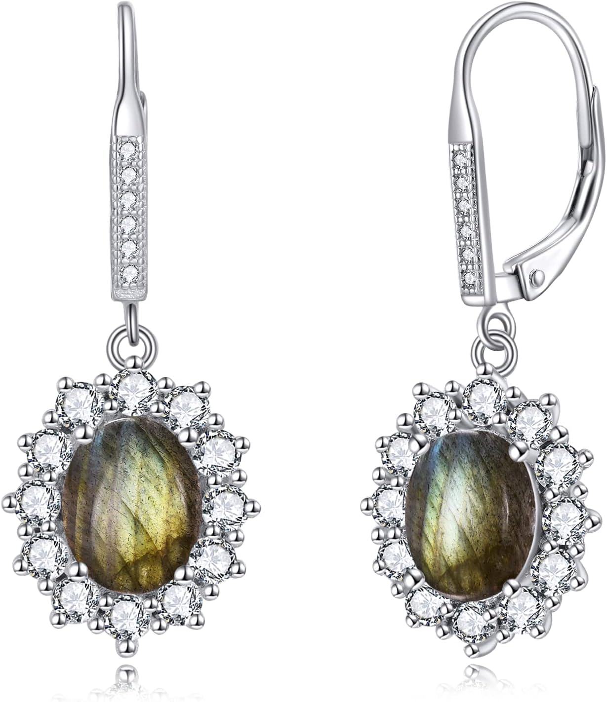wholesale 925 Sterling Silver Oval Cut Birthstone Dangle Leverback Earrings for Women Mom-Labradorite Earrings