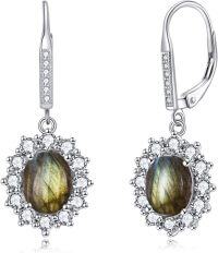 wholesale Sterling Silver Oval Cut Birthstone Dangle Leverback Earrings for Women Mom-Labradorite Earrings