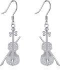 wholesale 925 Sterling Silver Musical Instrument Drop Earrings for Women Girls - Elegant Cello Design with Cubic Zirconia Stones (Silver)-0-0