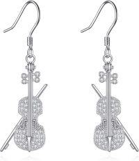 wholesale 925 Sterling Silver Musical Instrument Drop Earrings for Women Girls - Elegant Cello Design with Cubic Zirconia Stones (Silver)-white