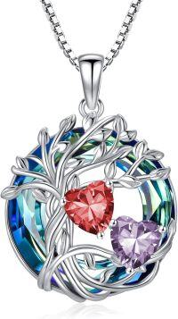 wholesale 18K White Gold Filled Sterling Silver Family Tree Pendant with 2 Heart Birthstones Blue Austrian Crystal Necklace for Women-01-06-Jan-Jun Birthstone
