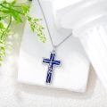 wholesale 925 Sterling Silver Faith Cross Pendant Necklace Blue Sandstone White Gold Plated-0-32