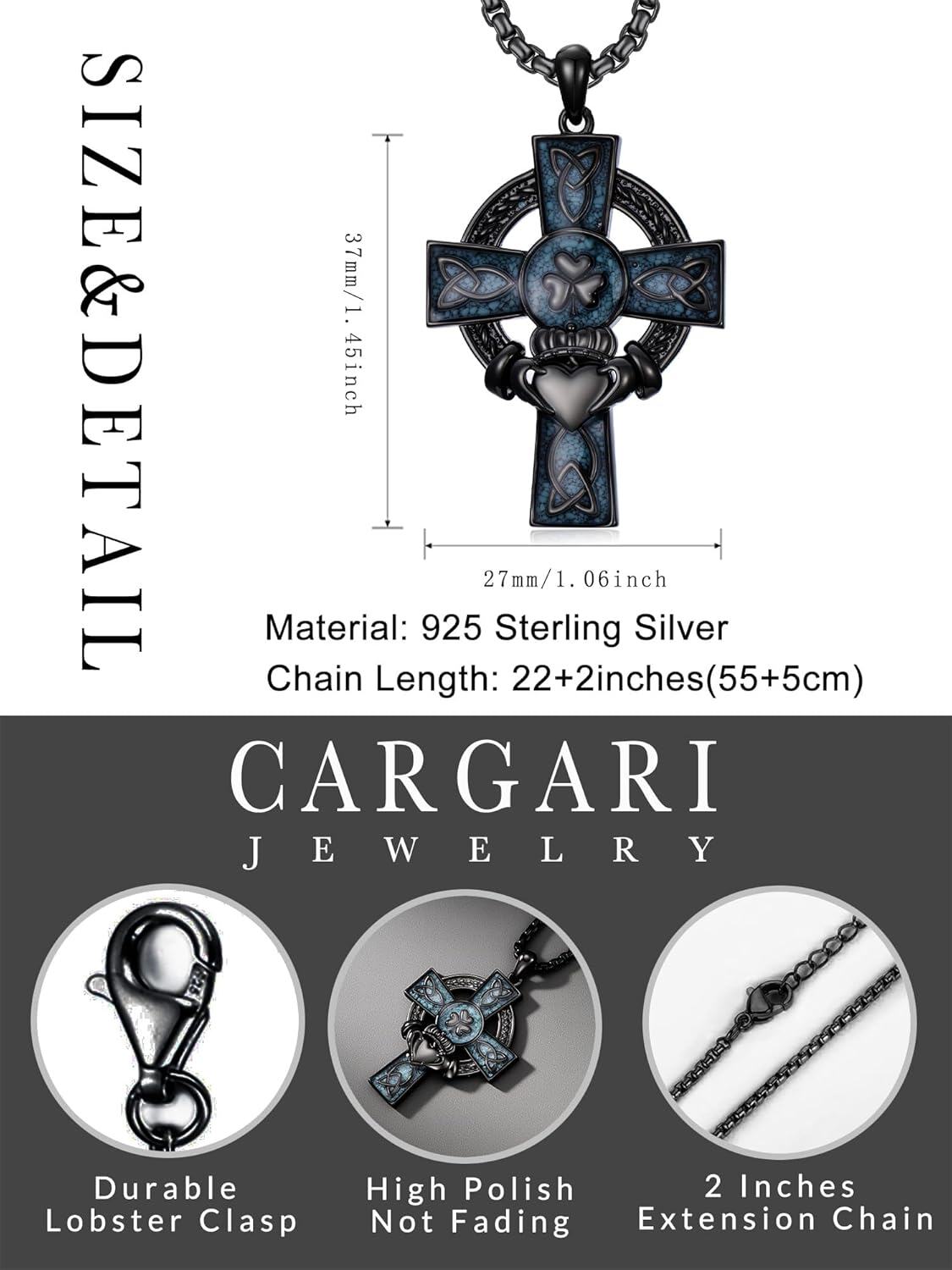 925 Sterling Silver Celtic Knot Trinity Shamrock Cross Pendant Necklace for Men & Women - Protection Amulet Religious Jewelry w/ 24 Rolo Chain (Gift Box Included)-0-1