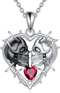 wholesale 925 Sterling Silver Red Heart Skulls Barbed Wire Gothic Pendant Necklace-Skull Necklace